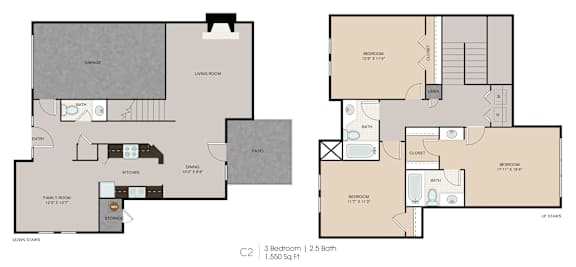 A floor plan of a 3 bedroom apartment with 2.5 bathrooms. A floor plan of a 3 bedroom apartment with 2.5 bathrooms.