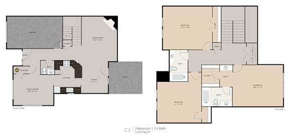 A floor plan of a 3 bedroom apartment with 2 bathrooms.