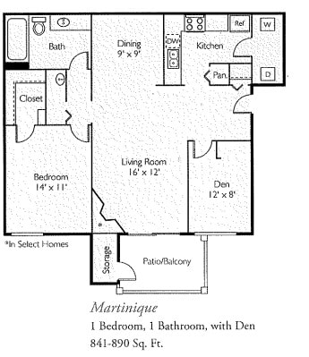 1 bed 1 bath Martinique Floor Plan at Island Club, Columbus, Ohio