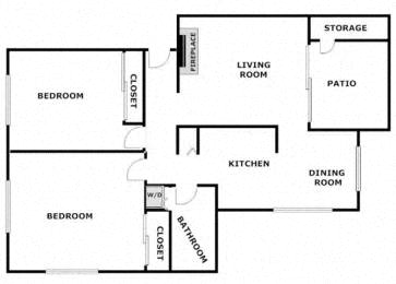 A floor plan of a home with two bedrooms, a living room, a kitchen, a dining room, a patio, and storage.