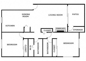 Floor Plan  A floor plan of a house with a kitchen, two bedrooms, a living room, a dining room, a bathroom, a closet, a fireplace, and a patio.