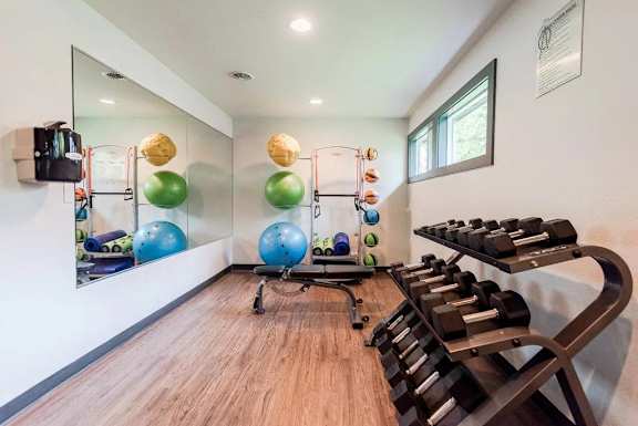 A gym with a mirror, exercise balls, and dumbbells.