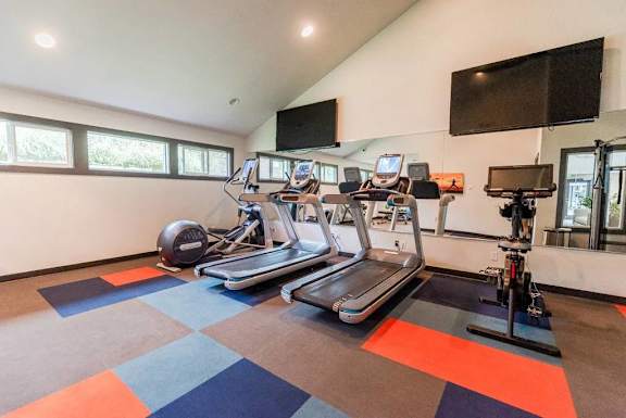 A gym with treadmills, exercise bikes, and a television.