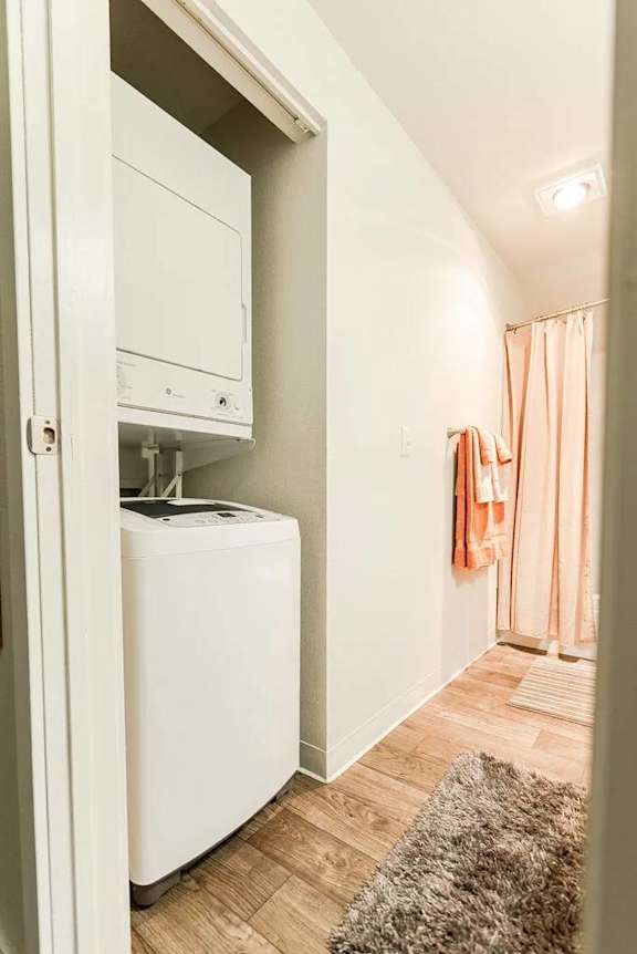 A white dryer is in a small room with a rug on the floor.