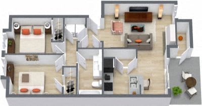 A floor plan of a two-story residential building with multiple rooms.