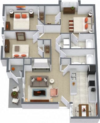 A 3D floor plan of a house with multiple rooms and furniture.