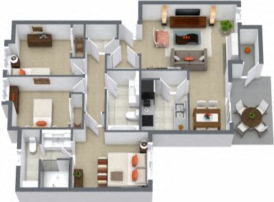A 3D floor plan of a house with multiple rooms and furniture.