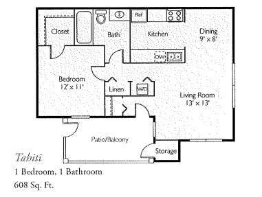 Floor Plan  1 bed 1 bath Tahitit Floor Plan at Island Club, Columbus, OH