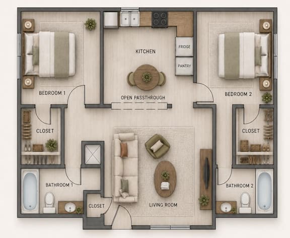 A floor plan of a house with two bedrooms, a living room, a kitchen, a pantry, and two bathrooms.