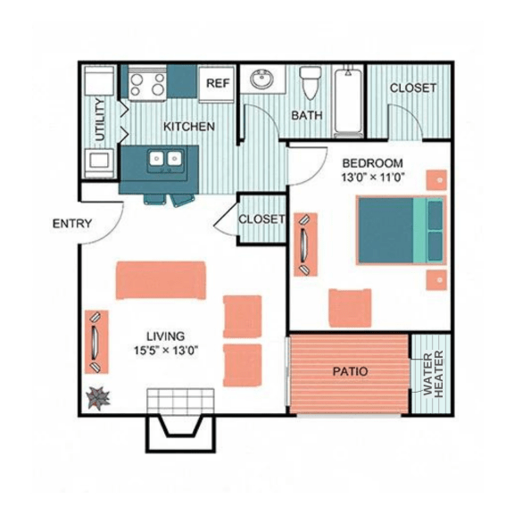 1 Bed 1 Bath Floor Plan at  Wildwood Apartments, CLEAR Property Management, Austin, Texas