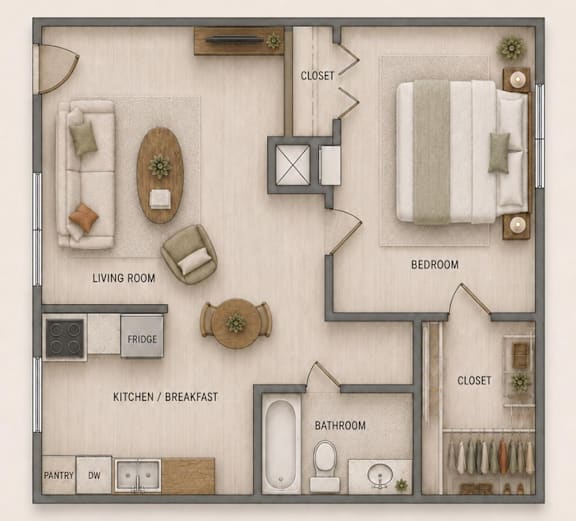 A floor plan of a small apartment with a living room, kitchen, bedroom, bathroom, and closet.