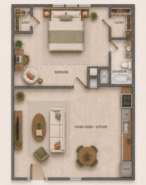 A floor plan of a small apartment with a bedroom, living room, and kitchen.