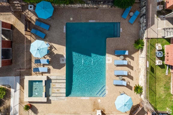 Pool Aerial View at Wildwood Apartments, CLEAR Property Management, Texas