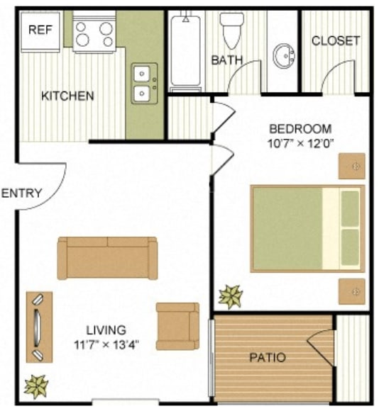 Floor Plan  A floor plan of a small apartment with a living room, kitchen, bedroom, and bathroom.