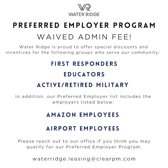 A flyer advertises a Preferred Employer Program offering waived app and admin fees for first responders, educators, and active/retired military, among others.