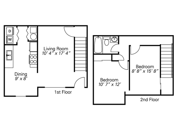 A floor plan of a two-story house with a living room, dining room, and two bedrooms.