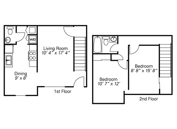 A floor plan of a two-story house with a living room, dining room, and two bedrooms.