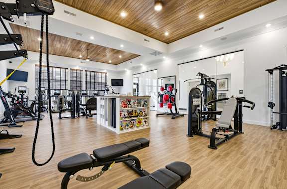 A gym with a variety of equipment including a treadmill, weights, and a bench press.
