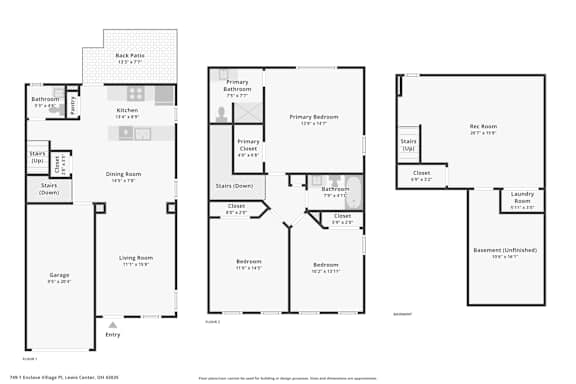 A floor plan of a home with three different layouts displayed.