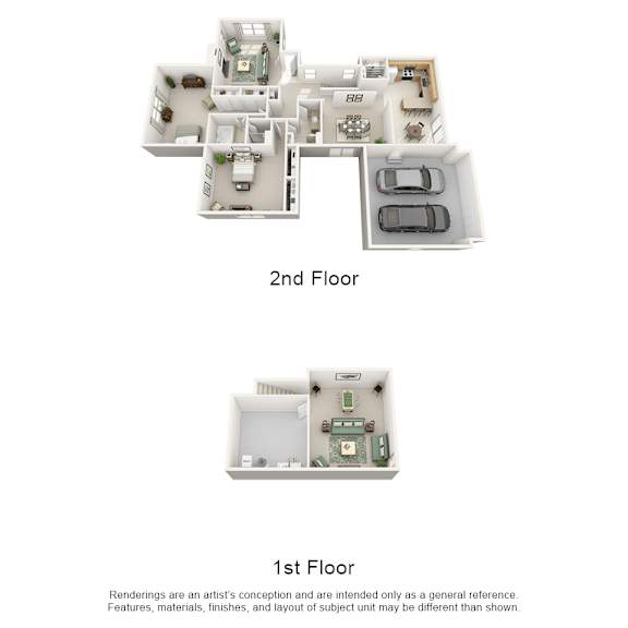 A floor plan of a two-story apartment with a garage on the first floor and a living area on the second floor.