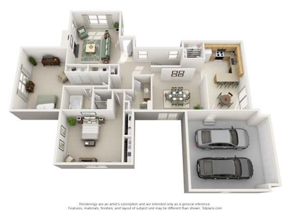 A 3D floor plan of a house with a kitchen, living room, dining room, and two bedrooms.