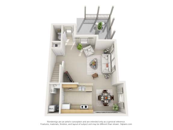 A 3D floor plan of a small apartment with a kitchen, living room, and bathroom.