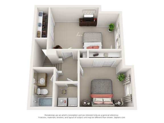 A 3D floor plan of a small apartment with a bedroom, living room, and kitchen.