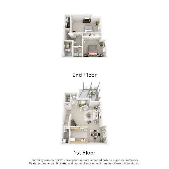 Two images of a house layout, one showing the first floor and the other showing the second floor.