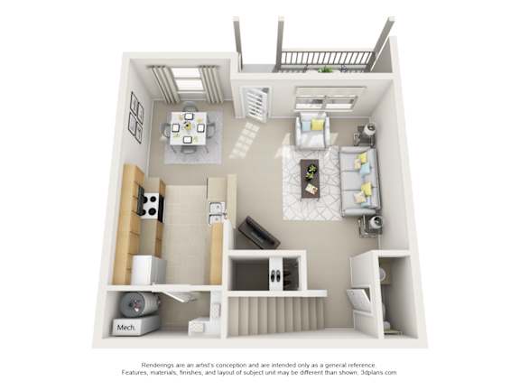 A 3D floor plan of a small apartment with a kitchen, living room, and bathroom.