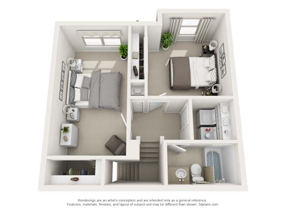 A 3D floor plan of a small apartment with a kitchen, living room, and bedroom.