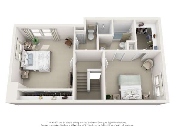 A 3D floor plan of a small apartment with a bedroom, living room, and kitchen.