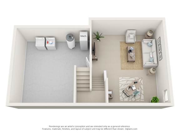 A 3D floor plan of a small apartment with a kitchen, living room, and bathroom.