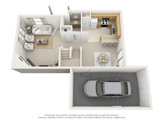 A 3D floor plan of a house with a car parked in the garage.
