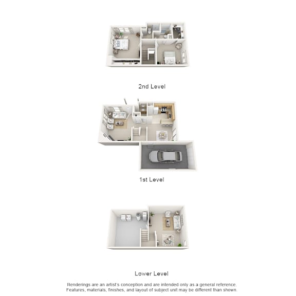 Three images of a house layout, one showing the first level, one the second level, and one the lower level.