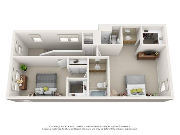 A 3D floor plan of a small apartment with a kitchen, living room, and two bedrooms.