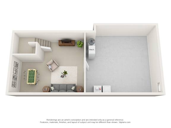 A 3D floor plan of a small apartment with a kitchen, living room, and bathroom.