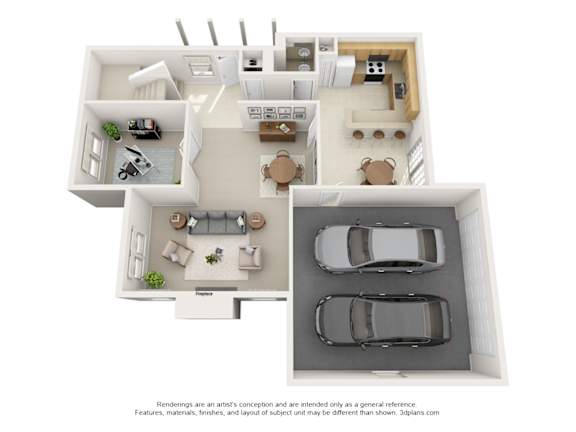 A 3D floor plan of a house with a kitchen, living room, dining room, and two bedrooms.