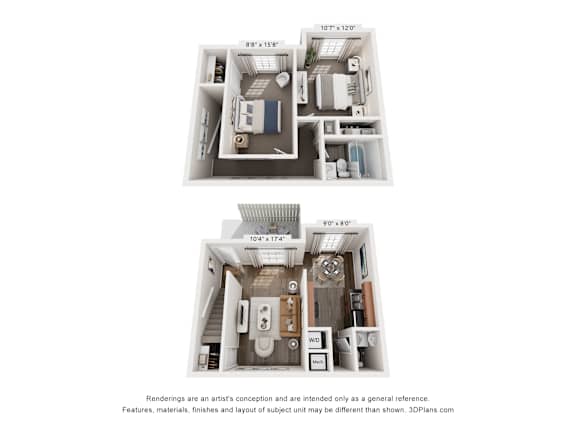 Two images of a small apartment layout, one with a kitchen and the other with a living room.