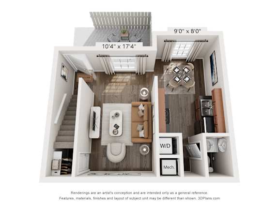 A 3D floor plan of a small apartment with a kitchen, living room, and bathroom.