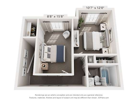 A 3D floor plan of a small apartment with a kitchen, living room, and bathroom.