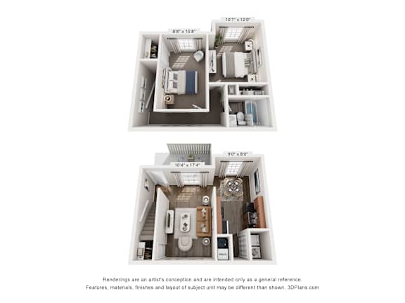 Two images of apartment layouts, one with a kitchen and the other with a living room.