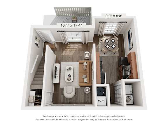 A 3D floor plan of a small apartment with a kitchen, living room, and bathroom.