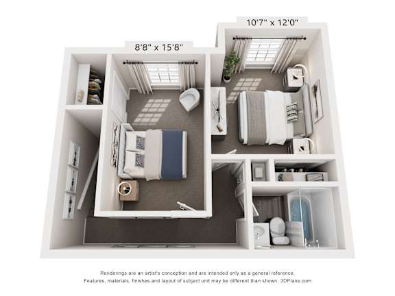 A 3D floor plan of a small apartment with a kitchen, living room, and bathroom.