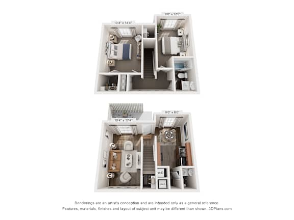Two images of a 3D floor plan of a house with dimensions and a disclaimer.