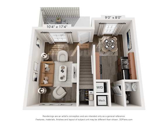 A 3D floor plan of a small apartment with a kitchen, living room, and bathroom.