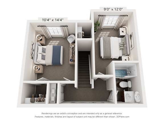 A 3D floor plan of a small apartment with a living room, kitchen, and two bedrooms.