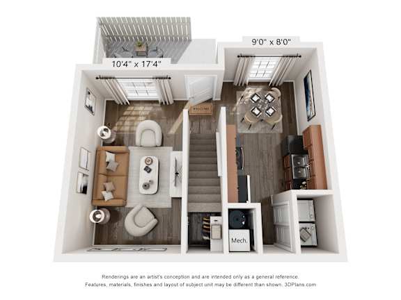 A 3D floor plan of a small apartment with a kitchen, living room, and bathroom.