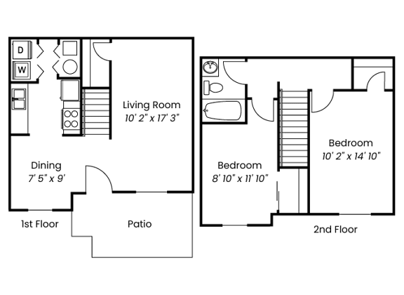 A floor plan of a two-story house with a living room, dining room, patio, and two bedrooms.