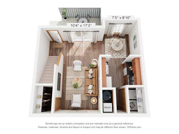 A 3D floor plan of a small apartment with a kitchen, living room, and bathroom.