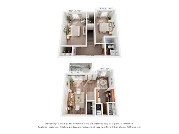 Two images of a floor plan for a house with a living room, kitchen, and bathroom.
